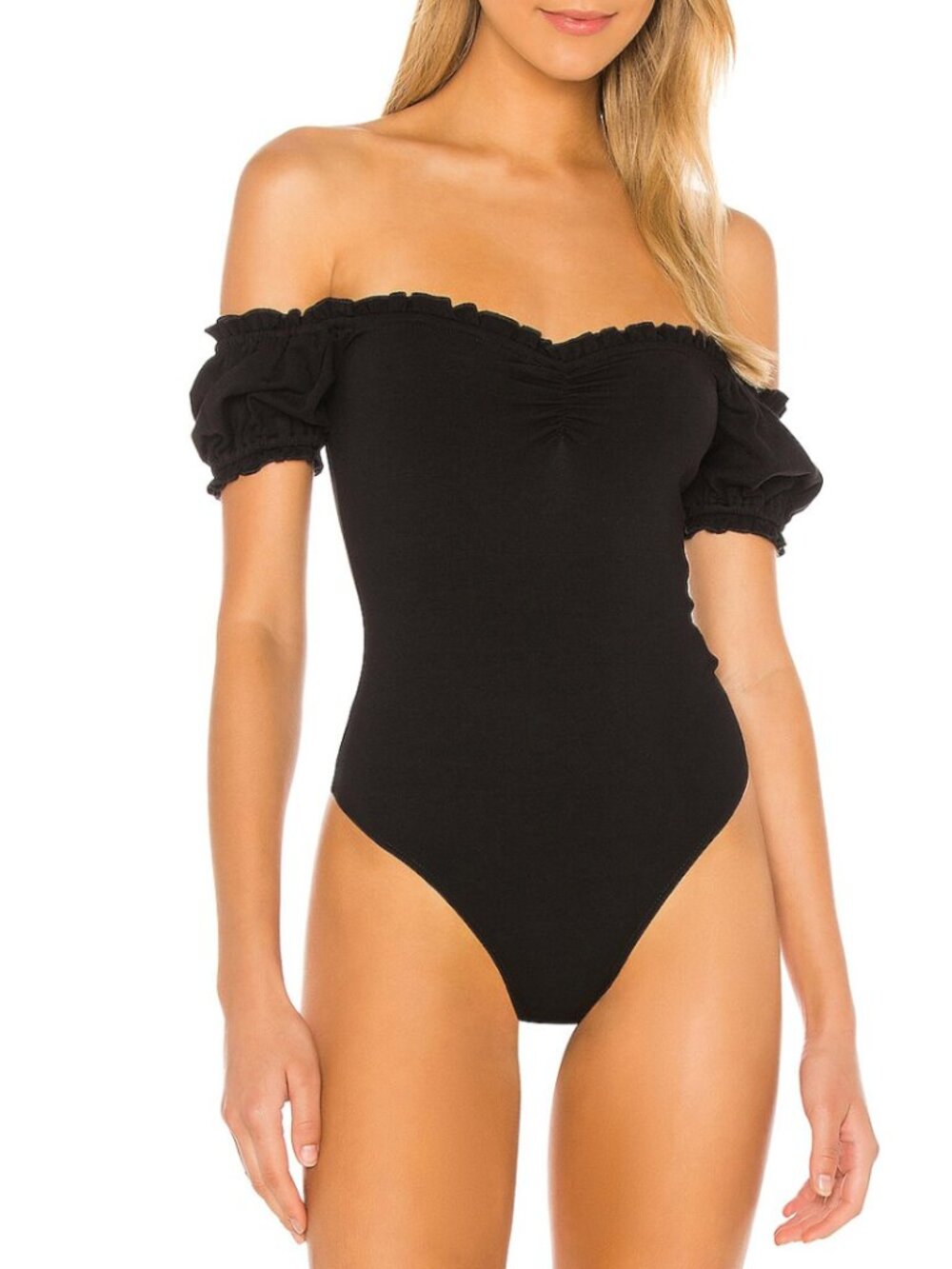 Lovers + Friends Black Off-Shoulder Ruched Bodysuit XS Revolve